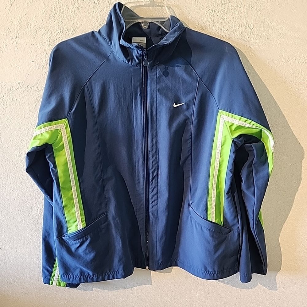 Nike Jacket Women's XL 16-18 Blue Green Full Zip Pockets Striped Sleeves